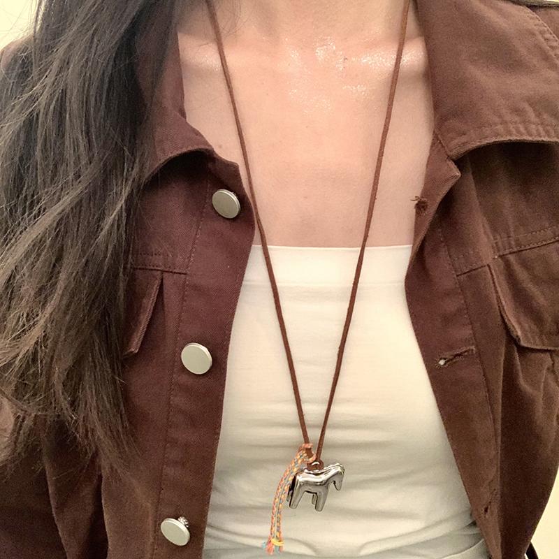 Funny Metallic Cartoon Horse Pendant Necklaces For Women Female Adjustable Long Wax Rope Chain Chokers