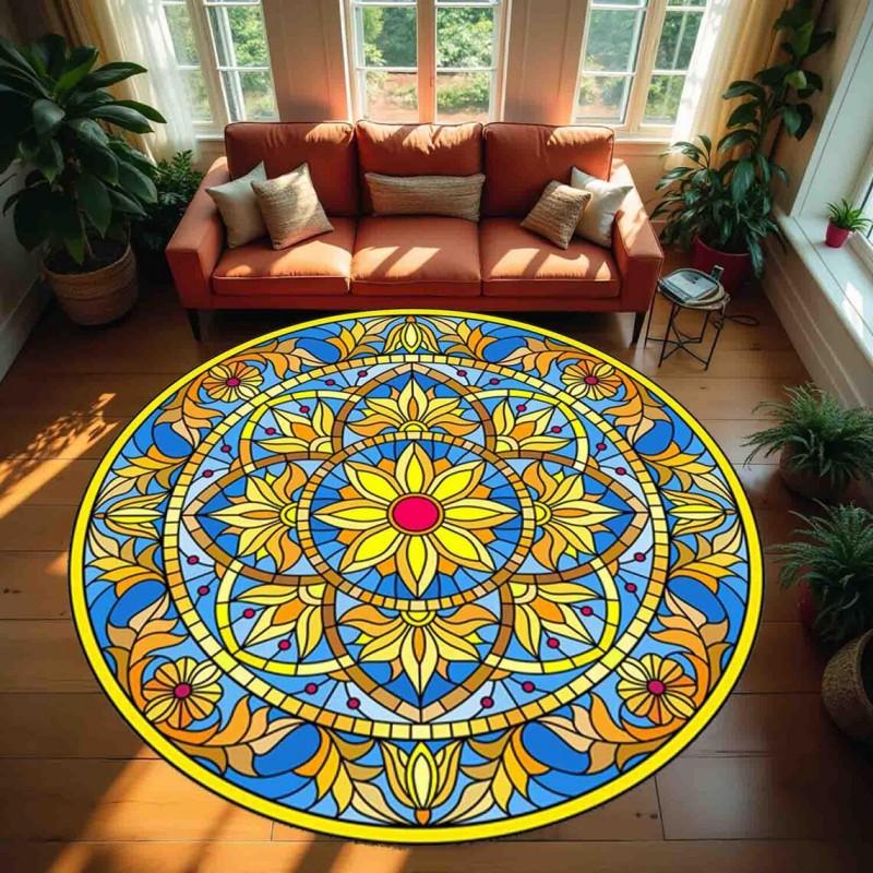 Klassiek Glas-in-lood Rond Vloerkleed Vintage Geel Blauw Mozaïek Bloemenkleed voor Woonkamer Slaapkamer Meditatie Woondecoratie 40x40cm