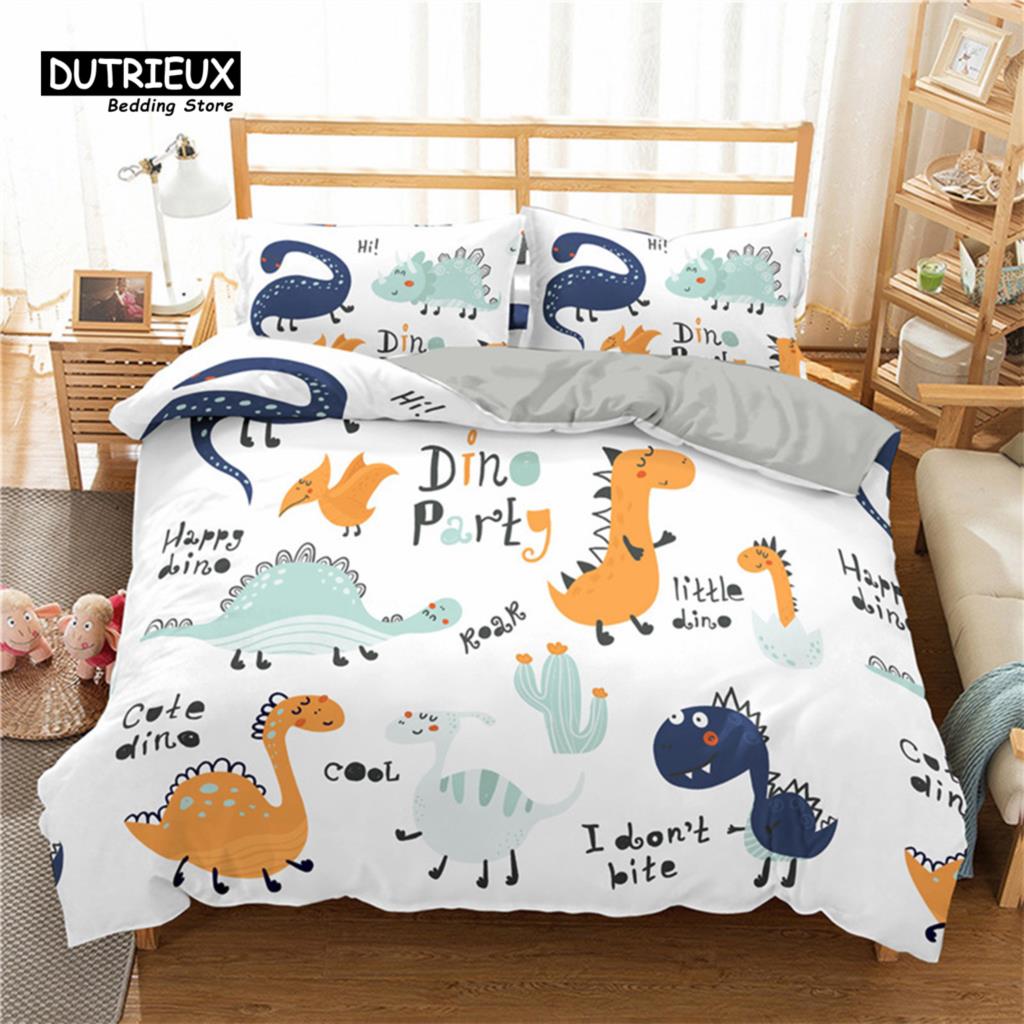 Cartoon Dinosaur Toddler Bedding Set Cartoon Animals Duvet Cover Microfiber Quilt Cover With Pillowcases For Kids Boys Girl Teen