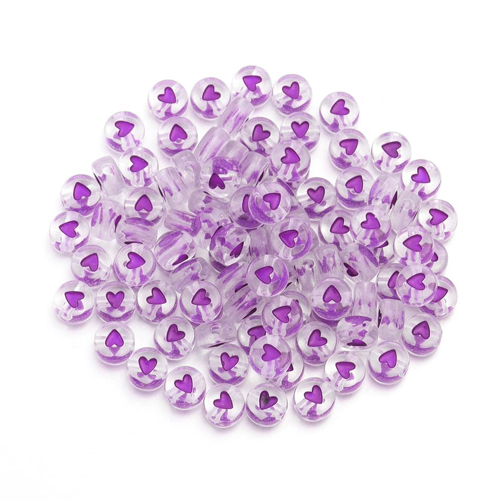 100pcs/lot 7mm Acrylic Beads Colored Transparent Heart Pattern Loose Flat Round Beads For Craft Bracelet Making DIY Jewelry Gift
