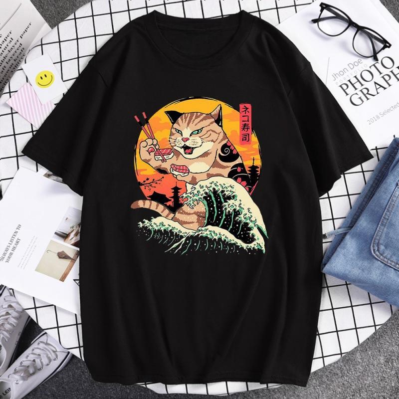 Unisexs Tshirt Top Quality Cotton Short Sleeve Cool Knife Cat Print Oneck Casual Loose Hip Hop for Unisex Summer Male Tee Tops