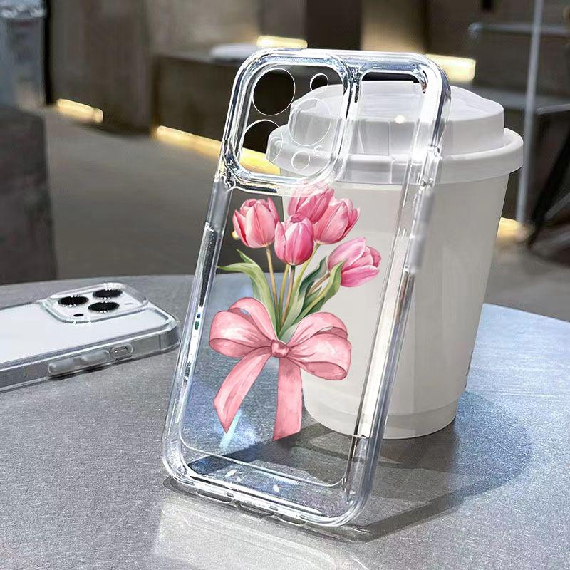 Trendy Pink Tulip Bow Clear Phone Case For iPhone 17 16 Pro Max 15 14 Plus 13 12 11 XS X XR 7 8 Plus 16E 17 Air Protective Cover