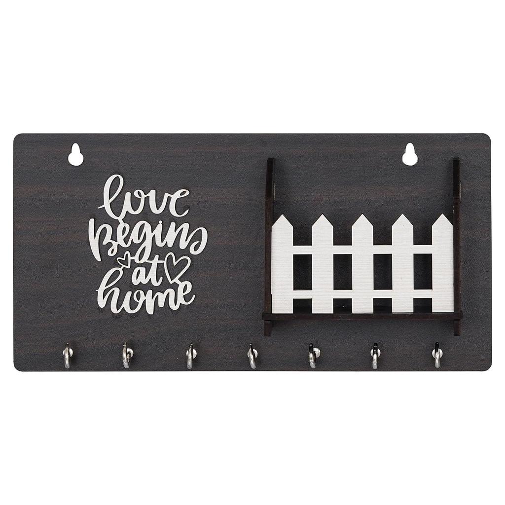 Wooden Matte Finish Designer Home Side Wall Shelf, Key Holder with 7 Keys Hooks (Brown) (LoveBeginsathome)