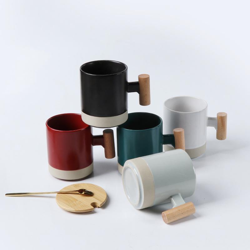Literary Wood Handle Ceramic Mug Office Tea Cup