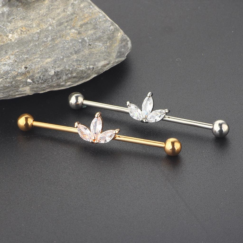 Stylish Industrial Barbell Earrings Stainless Steel Industrial Earrings Featuring Zirconia Leaf Design for Parties