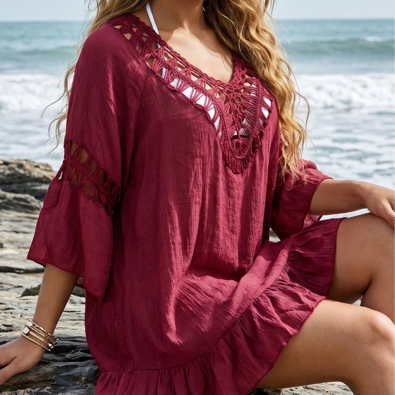 

Womens Lace Crochet V Neck Beach Cover Up Tunic OneSize червоний
