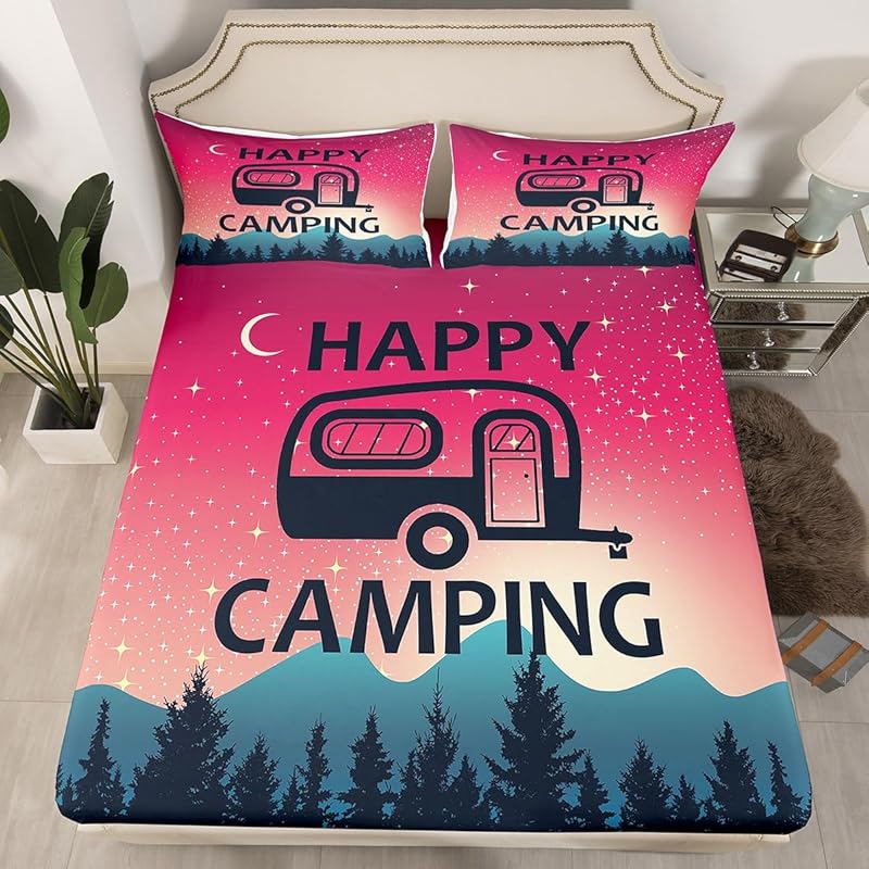 

Двуспальные простыни для автодома, простыня на резинке Happy Camping для детей и подростков, мультяшный набор постельного белья с аксессуарами для кемпинга, декор для автодома, приключения на природе Twin(No Top Sheet)