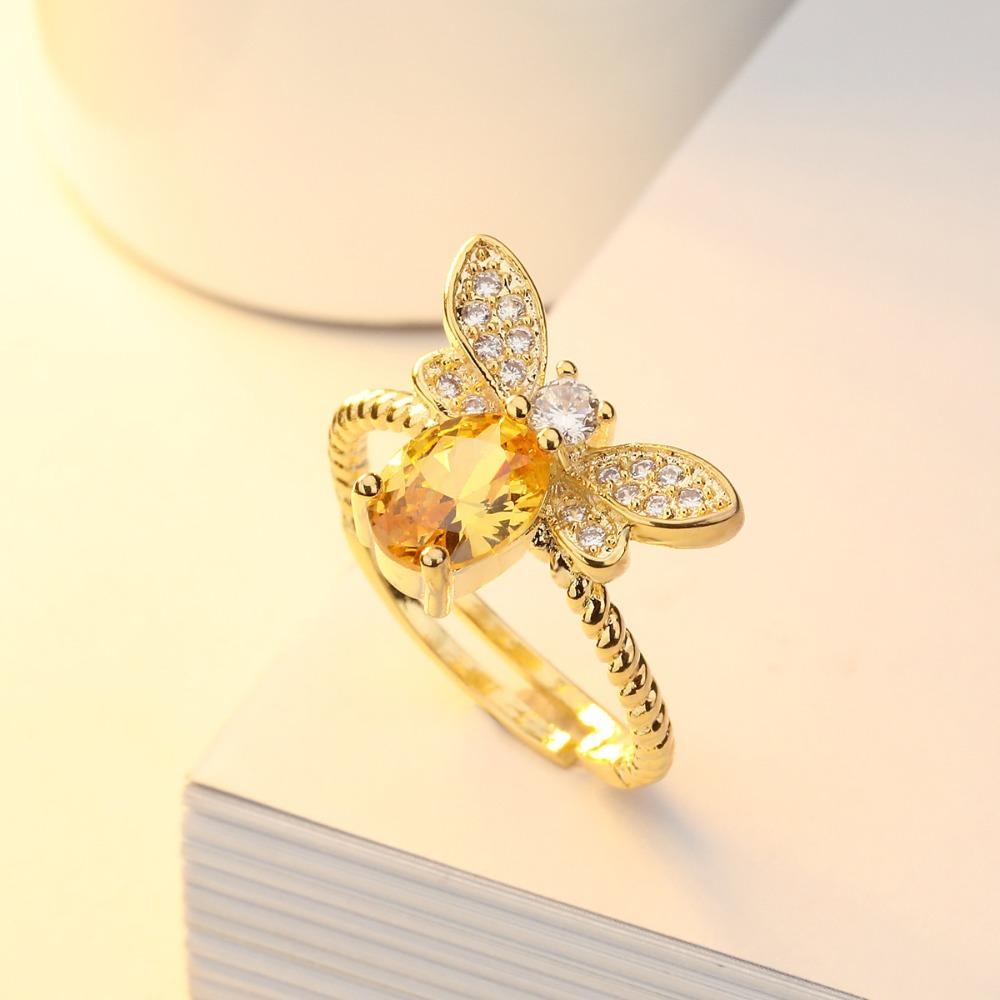 14K Gold Plated Open Ring Adjustable Bee Design with Synthetic Citrine Gemstone Jewelry adjustable