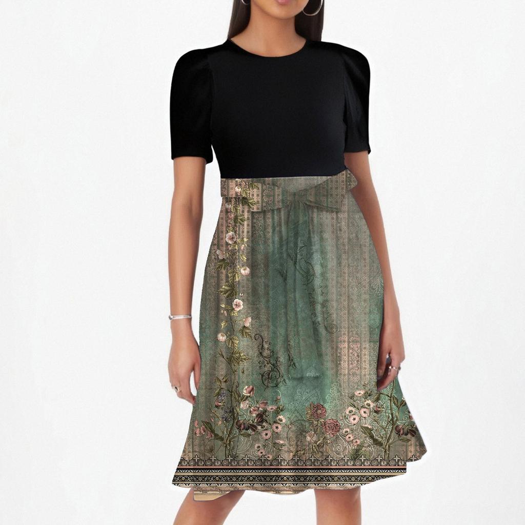 Dámské módní ležérní šaty s krátkým rukávem, kulatým výstřihem a potiskem patchworku