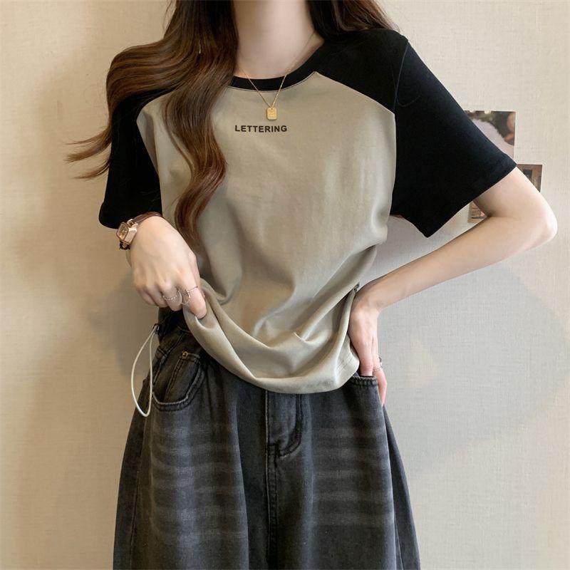 Tričko s krátkým rukávem Dámské Vintage Harajuku Šedý svetr Mikiny Tenký top s kulatým výstřihem Retro Patchworková trička