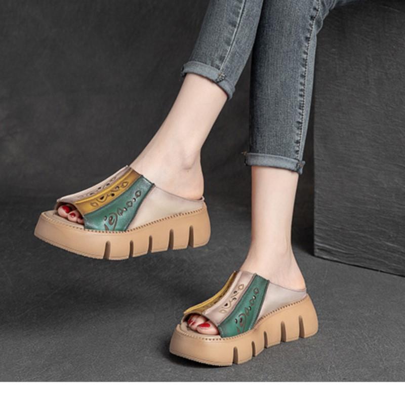 Johnature Sandale cu tălpi groase din piele naturală, papuci retro pentru femei, papuci confortabili cu platformă în aer liber