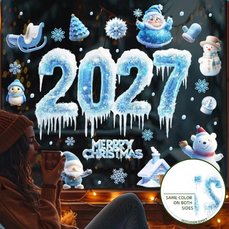 Christmas Ice Snowflake Window Stickers 2027 New Year Double Sided Same Color Peel & Stick Decals for Winter Home Decor