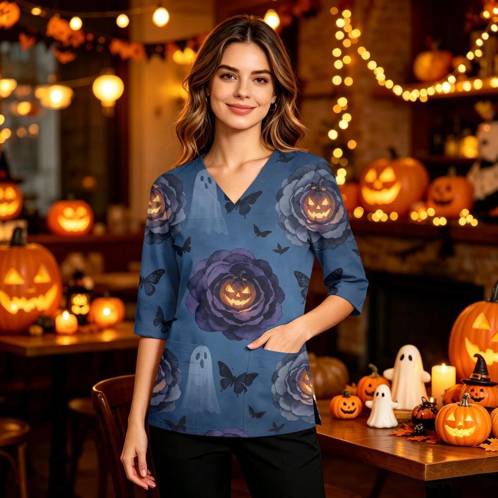 Women's Halloween Print V-Neck Uniform Top with Pockets and Side Slits, Three-Quarter Sleeve Casual Scrub