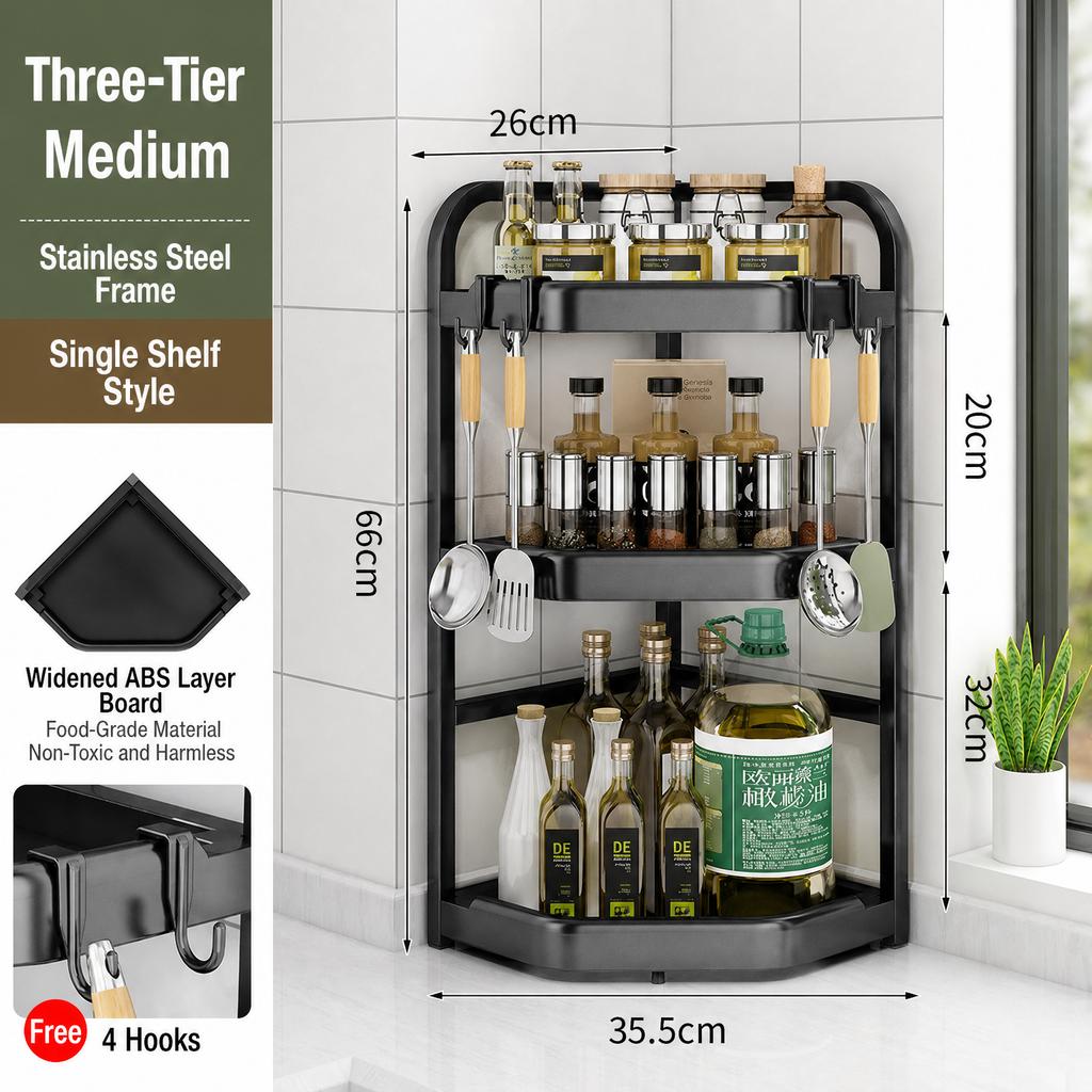 Kitchen Corner Storage Rack No-Drill Countertop Organizer Modern Minimalist Carbon Steel