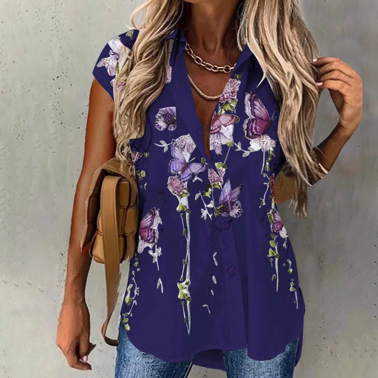 Women s Fashion Summer Casual Lapel Loose Short Sleeve Printed Shirt Top XXL