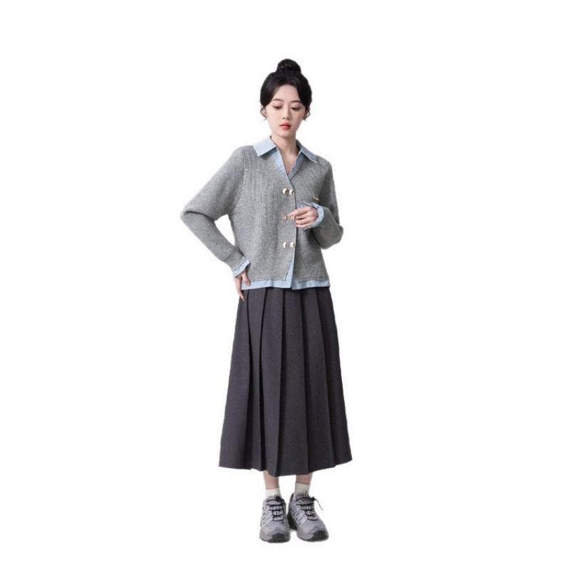 Womens Polo Collar Knit Cardigan Fake Two-Piece Style College Chic Long Sleeve Sweater Winter 2026