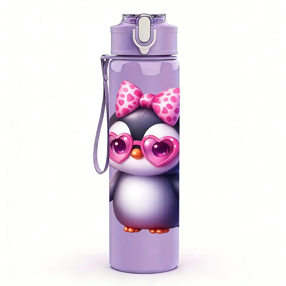 1PC Cute Pink Penguin 750ml Color Plastic Sports Water Bottle Leakproof Flip Straw Lid Suitable for Sports Office Home Use