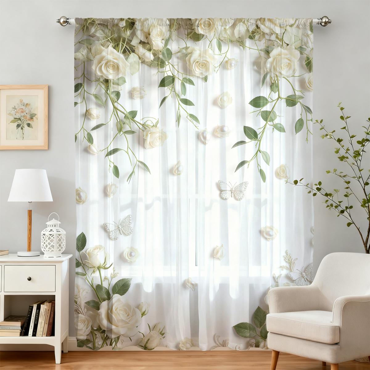 

Piece White Rose Floral Decoration Design Lightweight Breathable Semi Transparent Made Polyester Suitable Living Room Bedroom Home Office Party Fiber W100*H70(CM)-Grommet top&1PCS