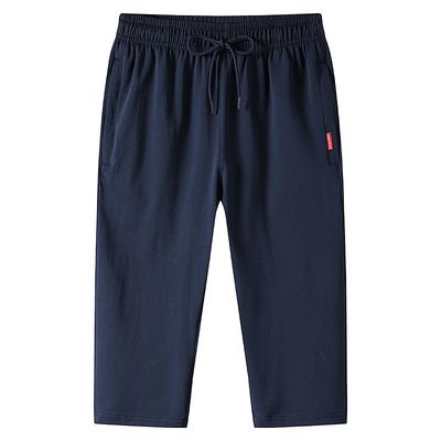 Summer Cotton Cropped Pants Men's Plus Fat Plus Size Sports Elastic Waist Solid Color All-match Casual Pants