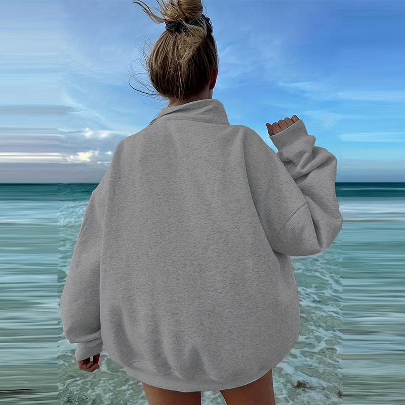 Half Zipper Stand Collar Sweatshirt Women Loose Long Sleeve Hoodie Autumn Winter Solid Color Casual Sport Pullover