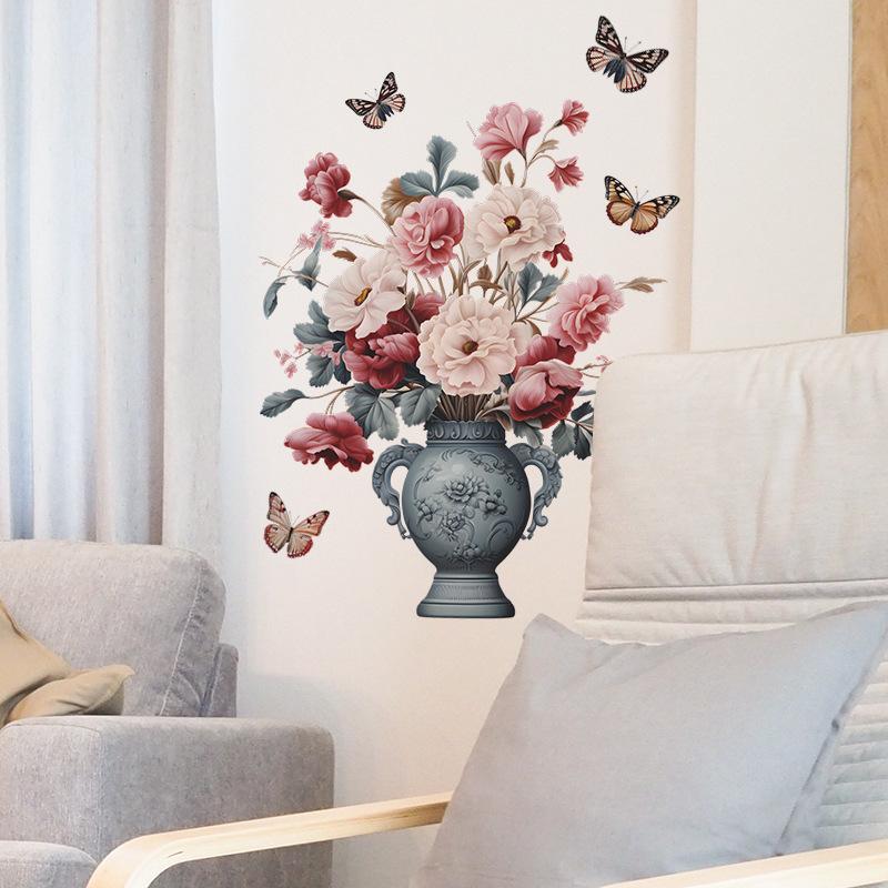 Målade Blommor Fjäril Vintage Vas Vardagsrum Veranda Hemdekoration Väggdekaler