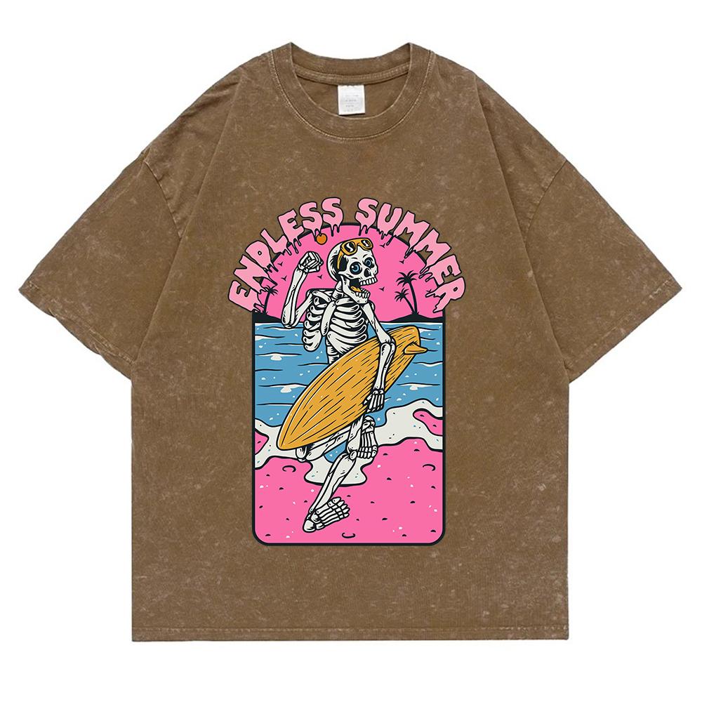 Endless Summer Skelett Surfen Gewaschen Retro Schneekleidung Herren Qualitäts-T-Shirt Sommer Baumwoll-T-Shirts Street Loose Tops