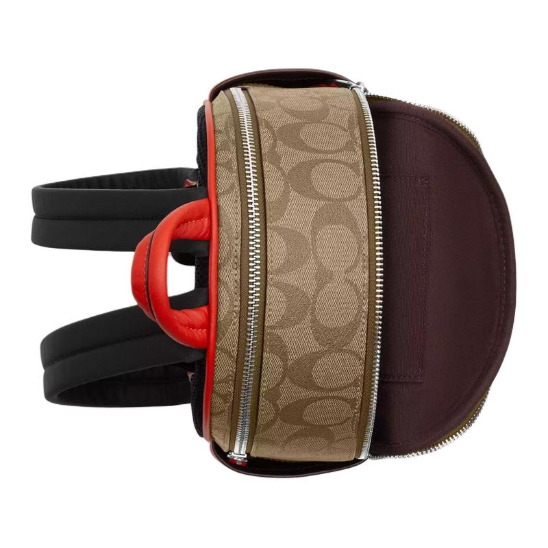 Coach Court 19 klassischer Lesebrillen-Rucksack für Damen mit doppeltem Reißverschluss, beschichtetem Canvas und Glattleder, silber und khakifarben