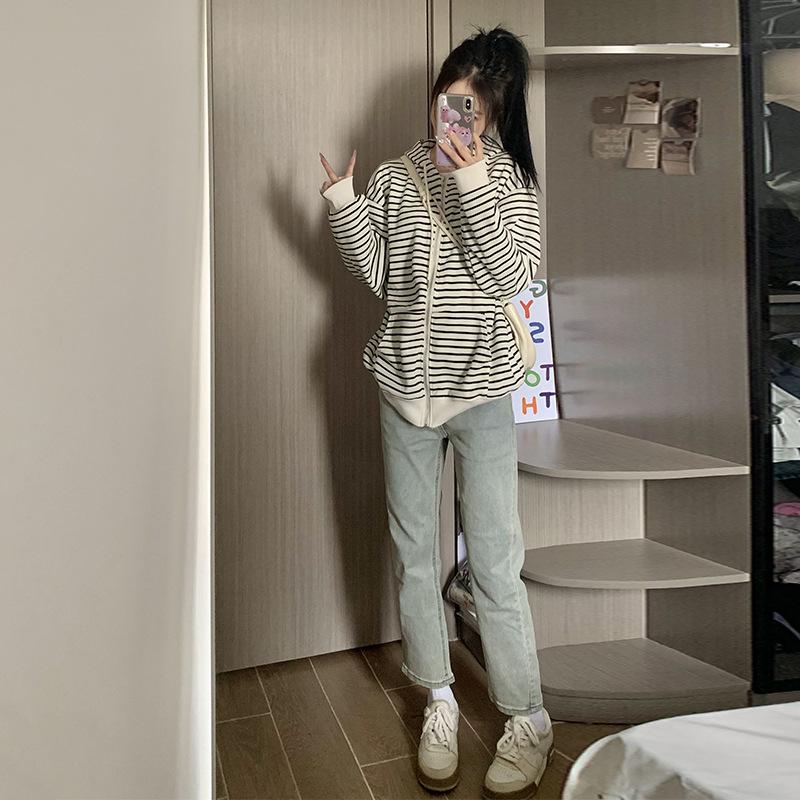 Hooded Sweater Women's Autumn Trend Loose Striped Zipper Casual Sweater Jacket Cardigan Top