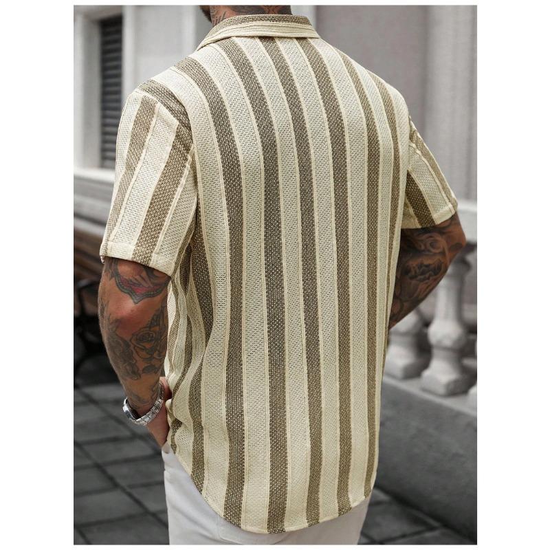 Men Vertical Stripe Hollow Out Cuban Collar Short Sleeve Loose Casual Button Down Shirt