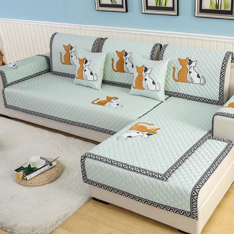 Non-Slip Sofa Cushion Thickened Fabric Four Seasons Universal Cushion Simple Modern Cartoon Cat Skin PrintingRetro Chinese Style