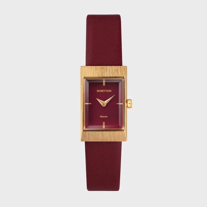 Women's Leather Band Design Watch Rumton Grid Burgundy Gold