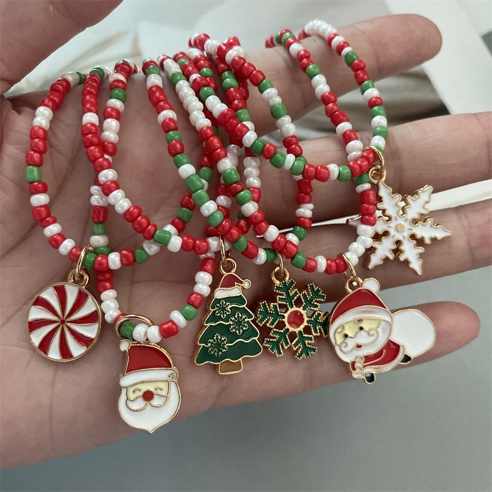 Christmas Necklaces for Women Girls Handmade Rice Beads X'mas Tree Santa Claus Snowman Gift Necklace Pendant New Year Jewelry