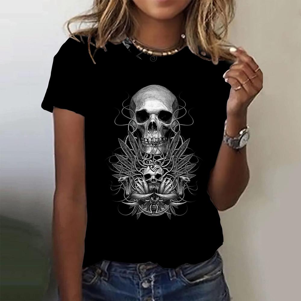 Fashion Women's T-shirts 3D Skulls Wings Print Short Sleeves Tees Summer Casual Trend Female Clothing Loose Tops Streetwear