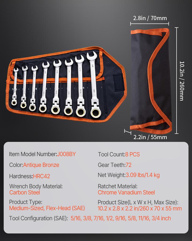 SucceBuy Flex-Head Ratcheting Wrench Set 8PCs Combination Wrench Set Roll-up Pouch Cr-V Steel Flexible Ratcheting Wrench Set