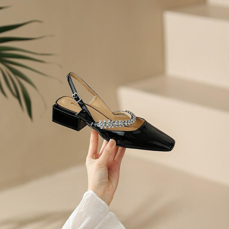 Summer Ladies Sandals Natural Leather Sheep Patent Leather Upper Women Sandals Buckle Square Toe Heel Shoes