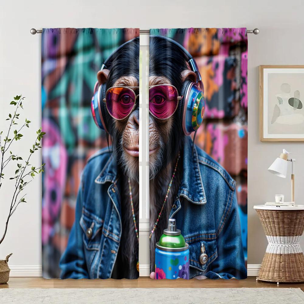 

Filtering Curtains Excluding Rods Non Movable Without Batteries Cool Cartoon Monkey Use Bedrooms Curtain Set Of 2 Made Polyester Washable Sleeping W100*H70(CM)-Grommet top&2PCS