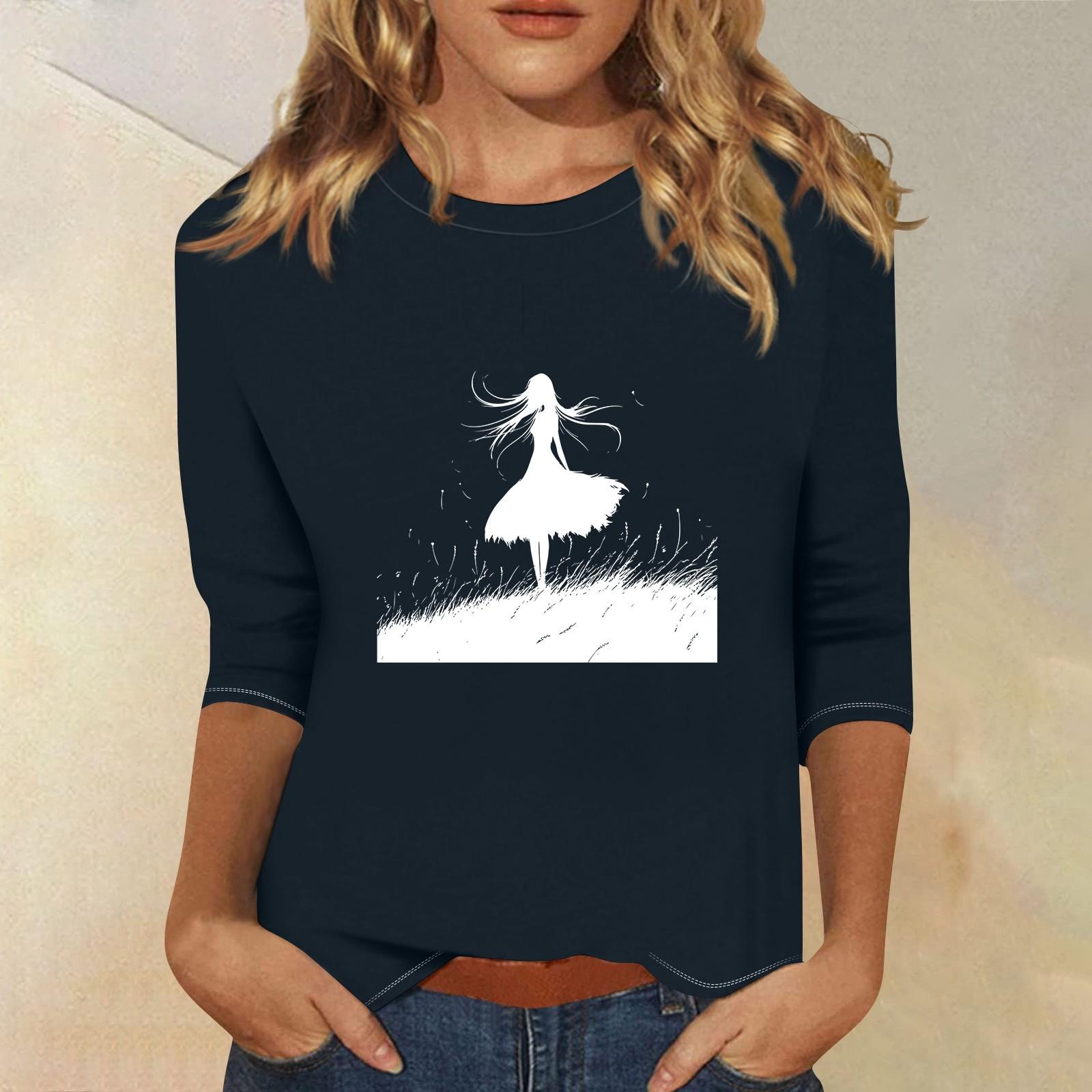 

Топи з рукавами 3/4 для жінок Футболка Повсякденні топи з принтом Футболка з круглим вирізом Пуловер Блуза M Темно-синій