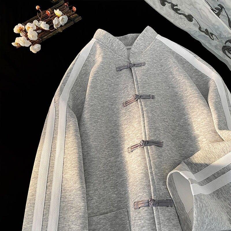 Men Women Chinese Style Buttoned Cardigan Sweatshirt Spring Loose Top Trendy Brand Chinese Style Heavyweight Jacket