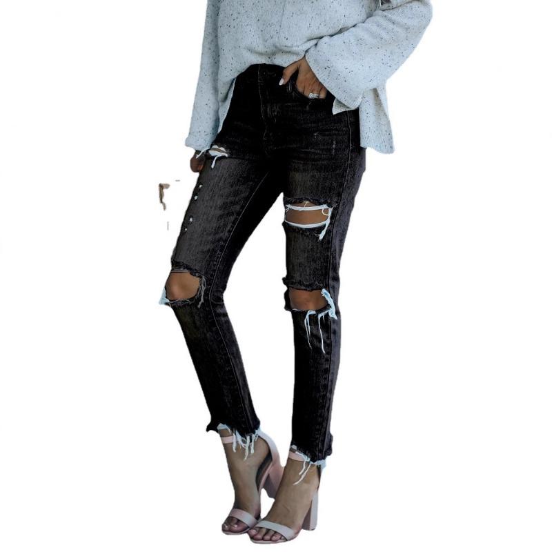 Women's Jeans Straight Pants Washed Ripped Rough Edge Casual Pants Jeans Women