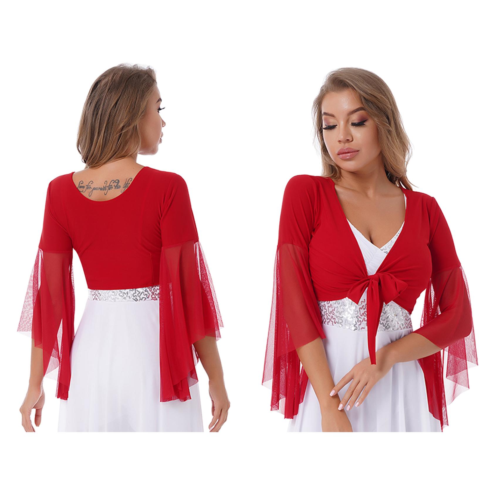 Top da donna per danza del ventre con nappe lucide con lacci Top in pizzo con maniche svasate a 3/4 Top corto con scialle Abbigliamento da ballo One Size rosso
