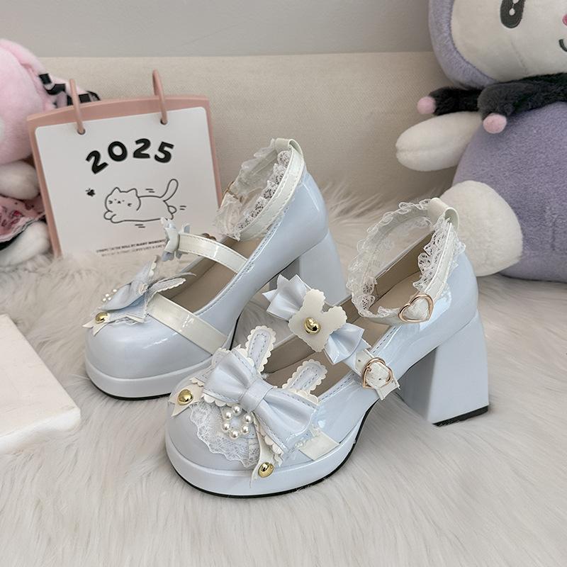 Lolita women's shoes bow shallow mouth Japanese Lolita shoes cute girl round head middle heel loli single shoes