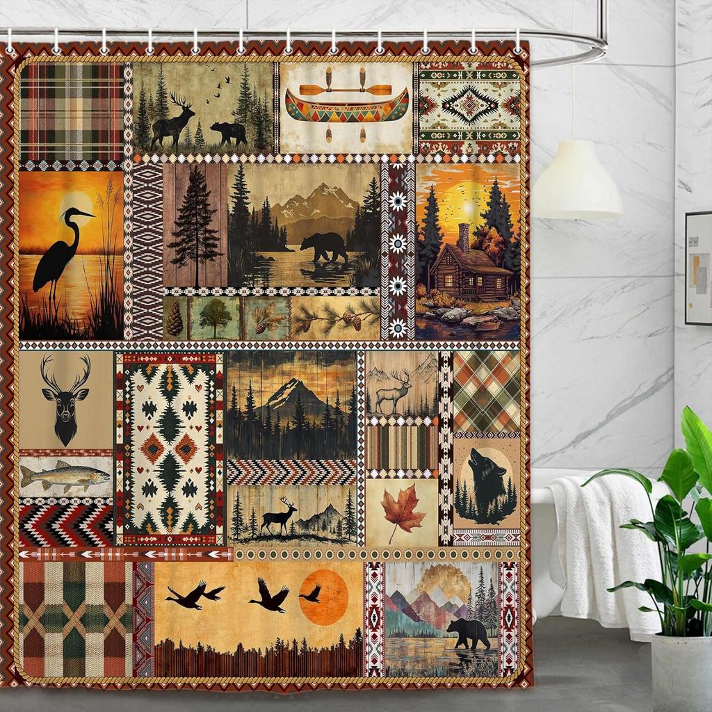Western Shower Curtain,Abstract Aztec Geometric Southwestern Cactu Skull Bull Bath Accessories Decor, Navajo Native Shower