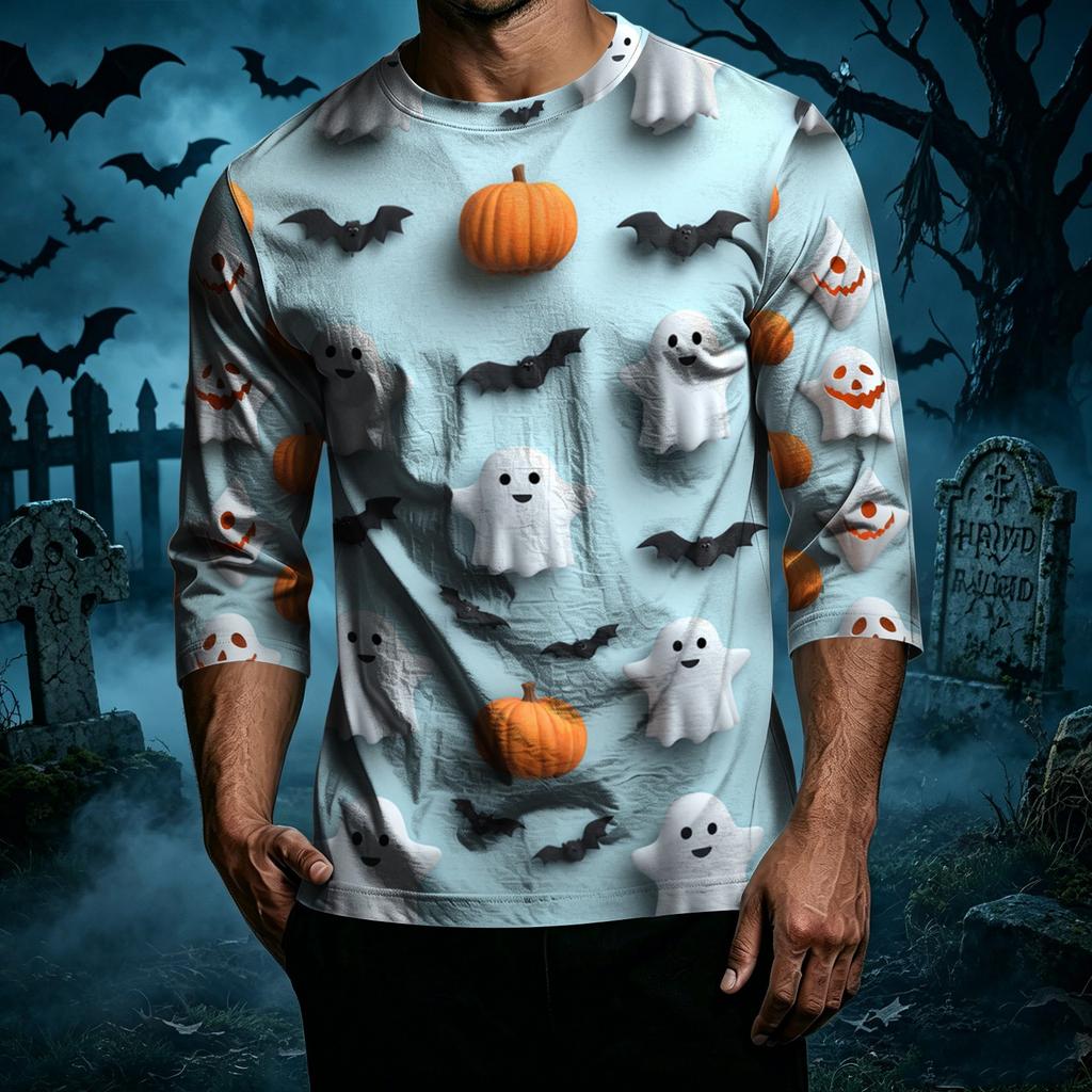 Men's Casual Halloween Print Crew Neck T Shirt Three Quarter Sleeve Relaxed Fit Top with Shoulder Seam Design for Everyday Wear