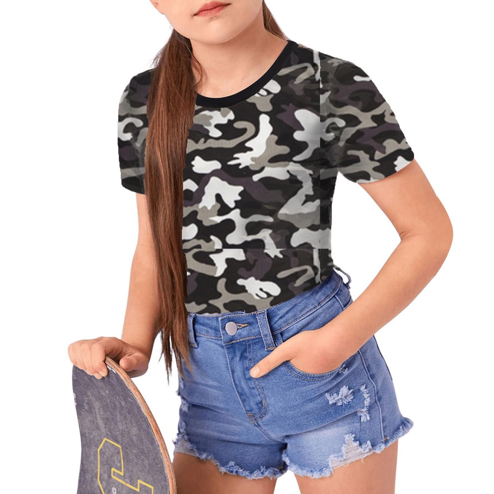 

Футболка с коротким рукавом и принтом для девочек, повседневный топ с воротником 90