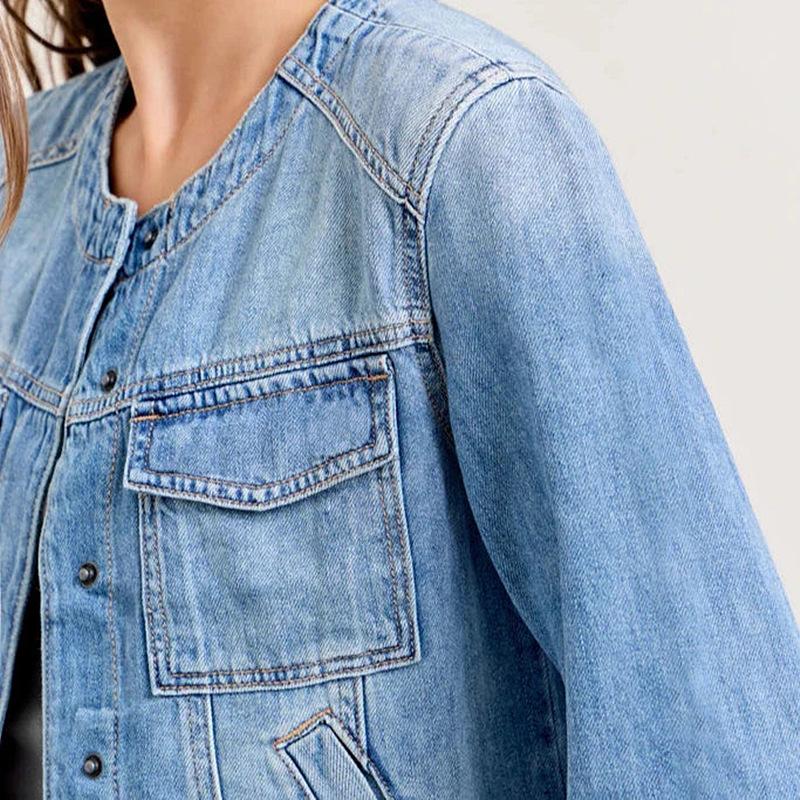 Jachetă de denim retro slim fit fără guler pentru femei, primăvara 2025, cu buzunare