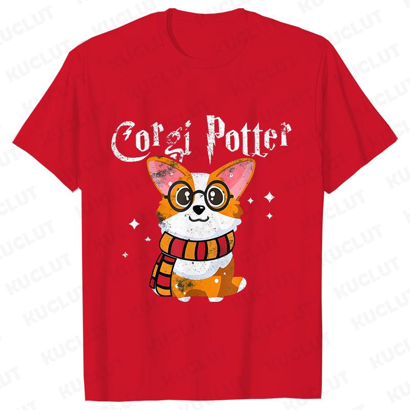 Kawaii Corgi Potter T-Shirt for Women Clothing Fashion Corgi Dog Lovers Cute Graphic Tees Short Sleeve Shirt Femme Streetwear