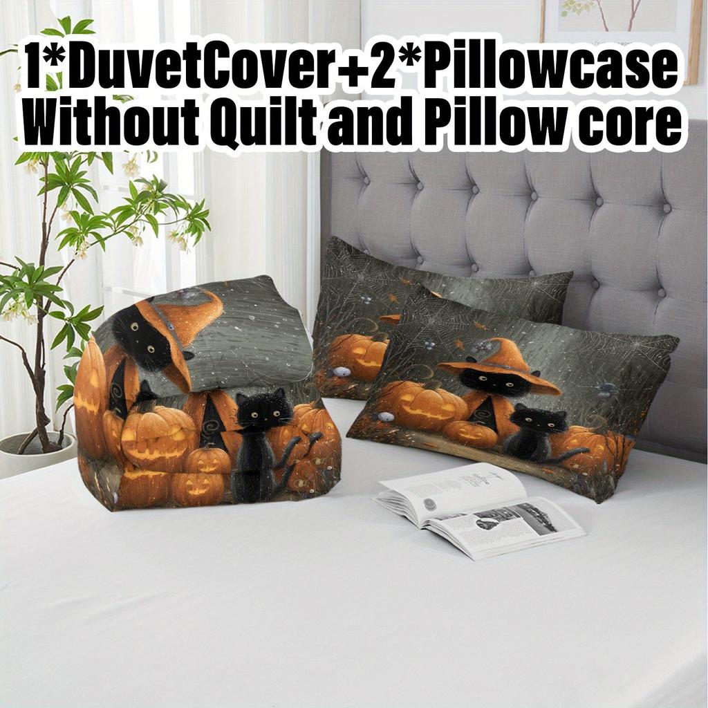 3pcs Halloween Pumpkin Monster Duvet Cover Set Without Core Quilt Cover with 2 PillowcasesSoft and Machine Washable