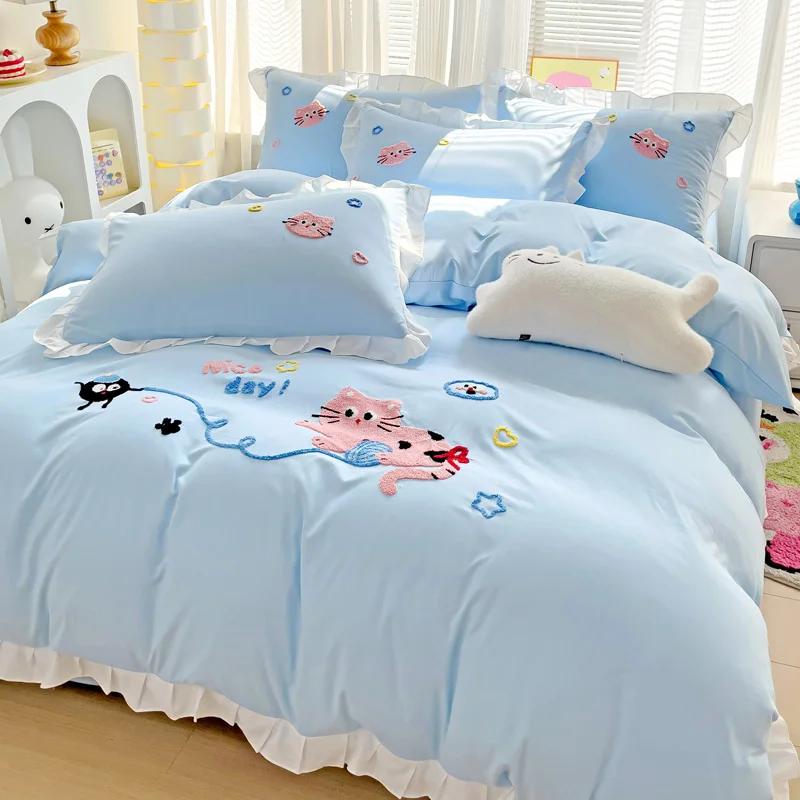 Set de lenjerie de pat Inimi Roz Stil Nordic Lenjerie de pat cu fețe de pernă Textile pentru casă Fete Husă de pilotă respirabilă King Queen Twin