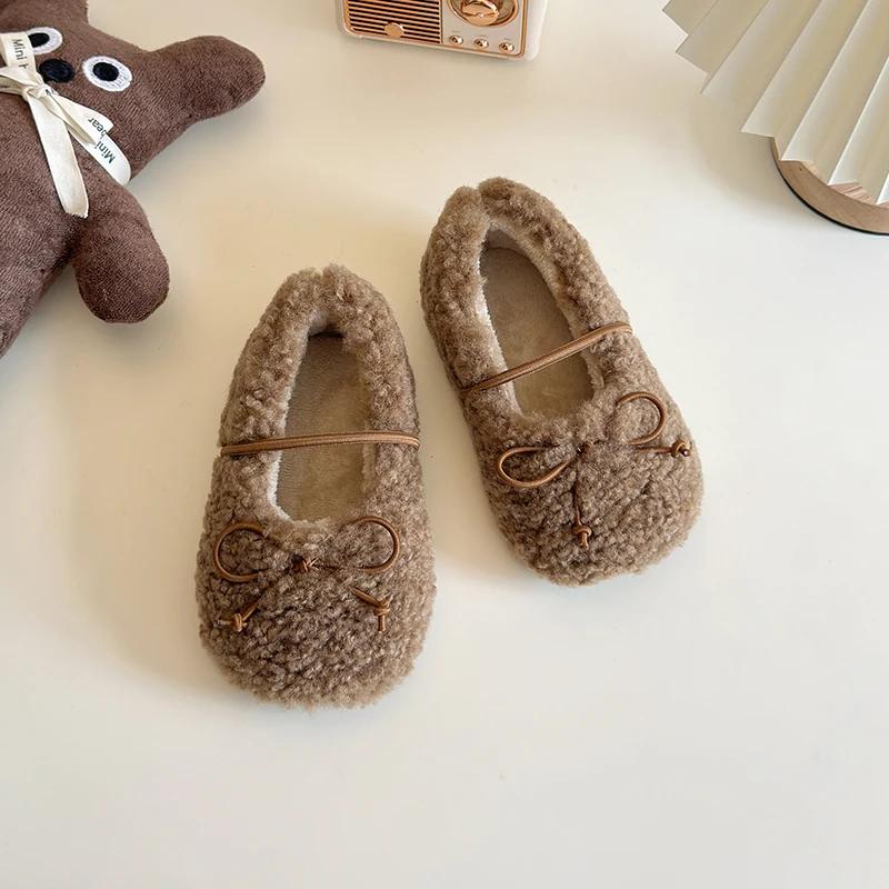 New Kids Shoes Winter Toddler Girls Fashion Princess Mary Jane Party Dress Flats Ballets Children Warm Fur Bowtie
