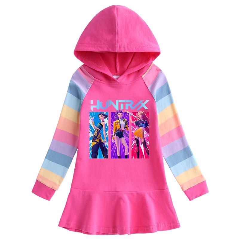 Kpop Demon Hunter Girls' Rainbow Ruffle Hooded Dress – Long Sleeve Princess Style for Spring & Autumn